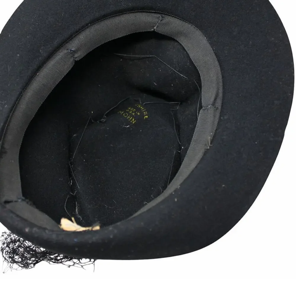 Vintage 1940s Hat Black Shaped Wide Brim w Velvet Appliques Net Veil - Hey Viv - Picture 7 of 9